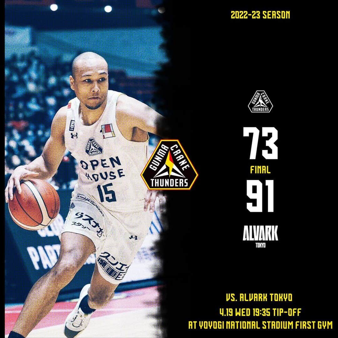 群馬クレインサンダーズのインスタグラム：「【4Q END】 73点 #群馬クレインサンダーズ 91点 #アルバルク東京  本日も熱い応援ありがとうございました。 今週末におこなわれる新アリーナでの戦いもよろしくお願いします。  #バスケットLIVE で配信📡 ▶️ is.gd/u1pYWh  #ONE #Bリーグ」