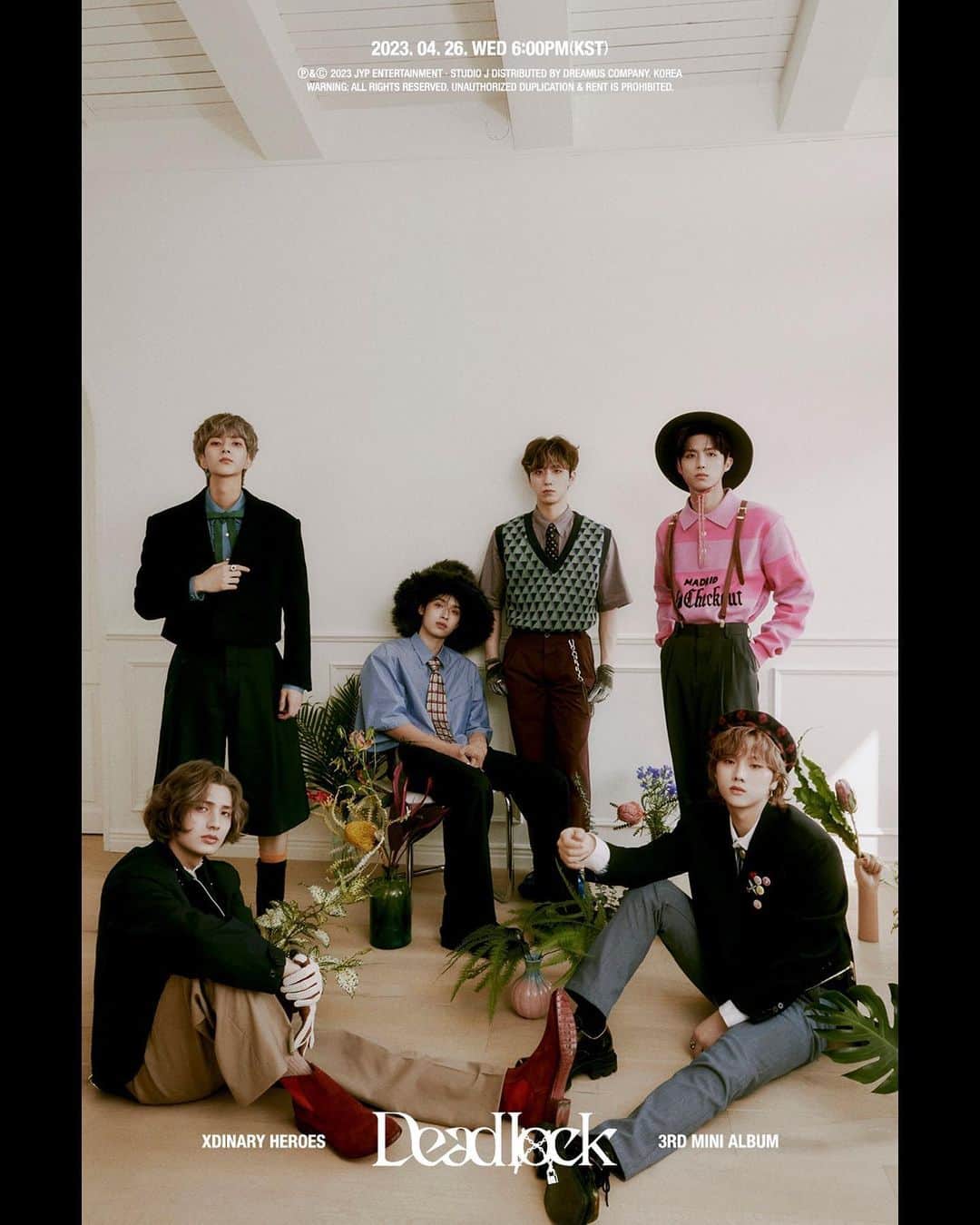JYPエンターテインメントのインスタグラム：「⠀  Xdinary Heroes  <Deadlock>  🔒Group Concept Photo  ALBUM RELEASE🔻 2023.04.26 6PM (KST) 😈 TITLE "Freakin' Bad"  #XdinaryHeroes #엑스디너리히어로즈 #Deadlock #FreakinBad #WE_ARE_ALL_HEROES #JYP」