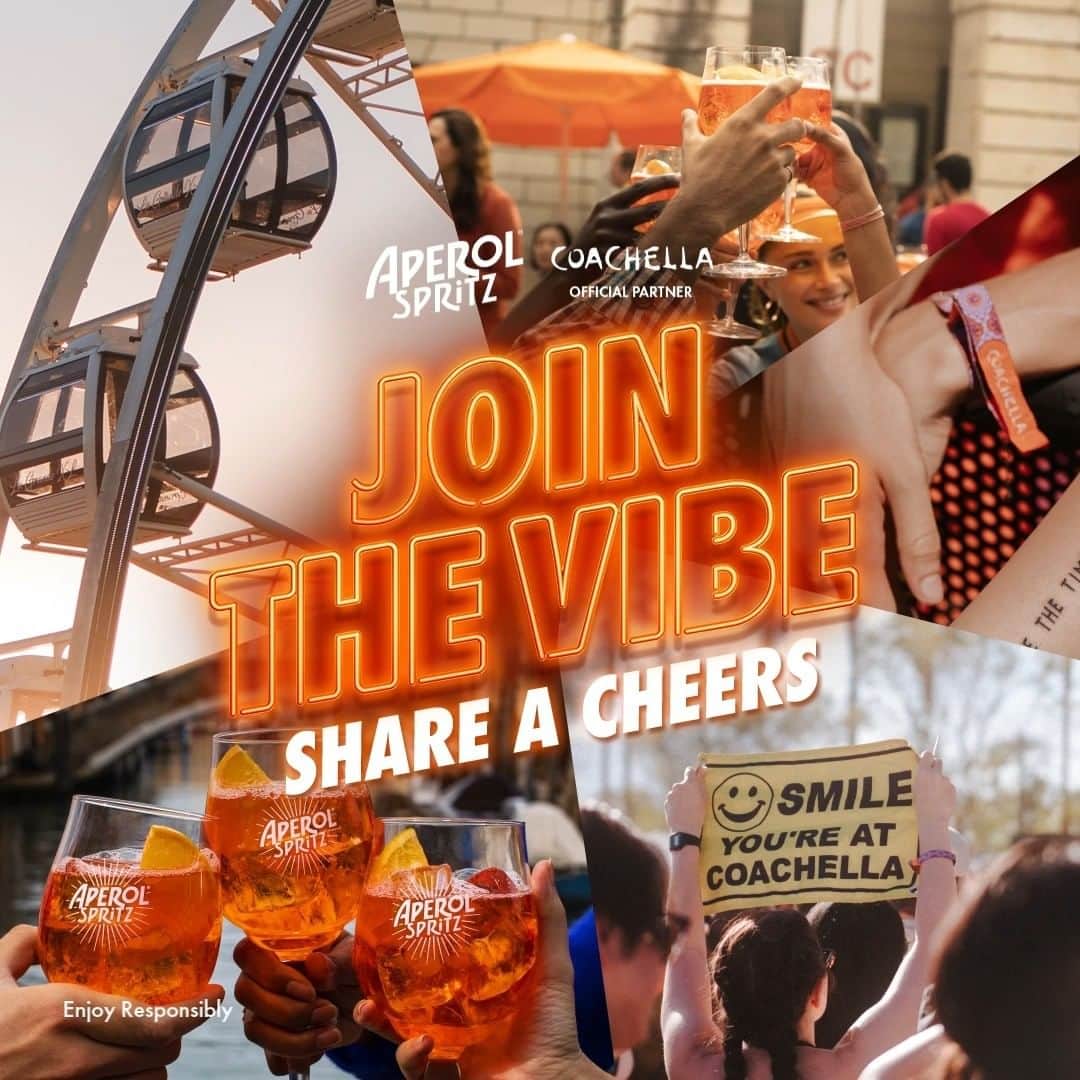 Aperol Spritzのインスタグラム：「Cheers with #AperolSpritz to new connections made over sharing incredible music vibes.  Join the joy with your besties at @Coachella. #JoinTheJoy #AperolCoachella」