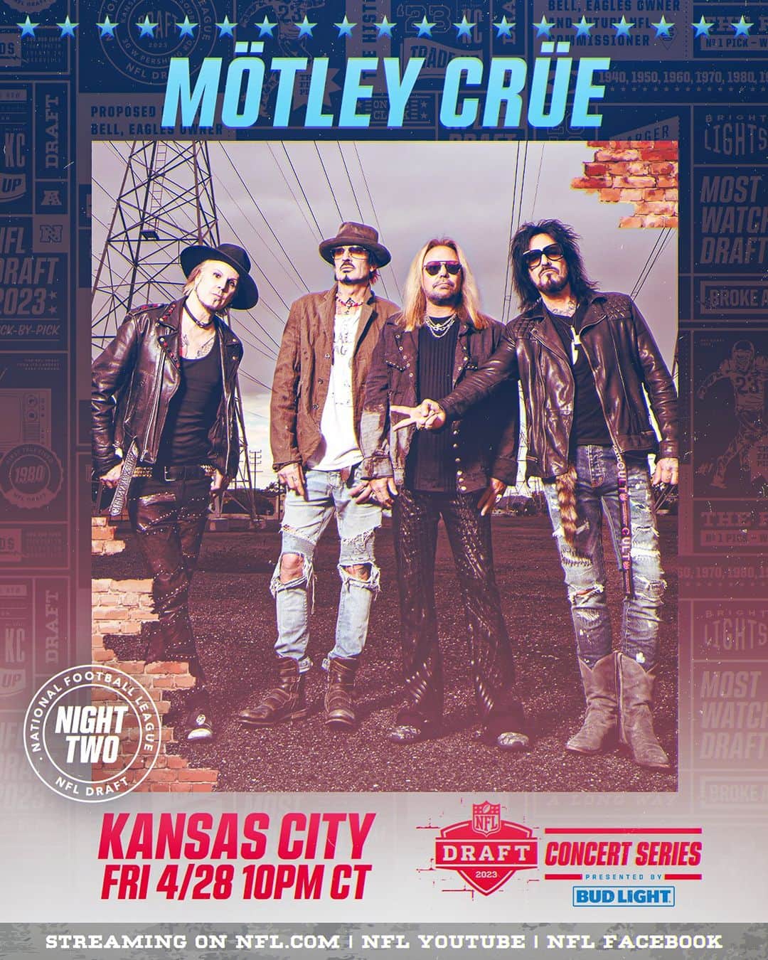 ヴィンス・ニールのインスタグラム：「MÖTLEY CRÜE TO HEADLINE 2023 NFL CONCERT SERIES 💥 April 28th // Draft Theater Kansas City // 10PM CT 🏈 Performance will be streamed in full on NFL.com/DraftConcertSeries and live NFL  Facebook and YouTube Channels.」