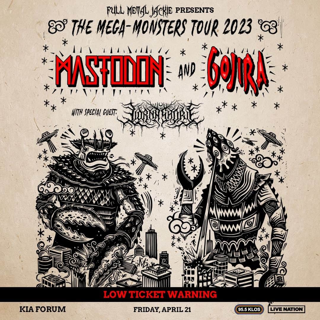 マストドンのインスタグラム：「⚠️LOW TICKET ALERT⚠️ Limited number of tickets remaining for our show at The Kia Forum in Los Angeles.   Get your tickets now to see Mastodon, Gojira and Lorna Shore. https://www.mastodonrocks.com/tour」