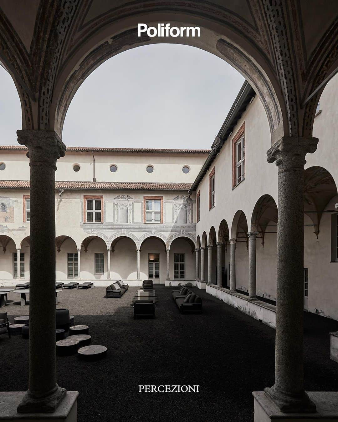 Poliform|Varennaのインスタグラム：「Percezioni: a multi-sensory installation created to present a preview of the new outdoor collection. In the cloisters of San Simpliciano in Milan, fifteenth-century architecture, volcanic lapilli surfaces and the enchanting notes of Perennial Fantas, a musical work composed for the event by @cat_barbieri, come together. The result is a beautiful, calming place in which to pause and allow your senses to take everything in. The exhibition is open to public during Milan Design week until Saturday. Book your visit via link in bio or IG story.  Percezioni Chiostri di San Simpliciano, Piazza Paolo VI, Milan 18 - 22 April 2023」