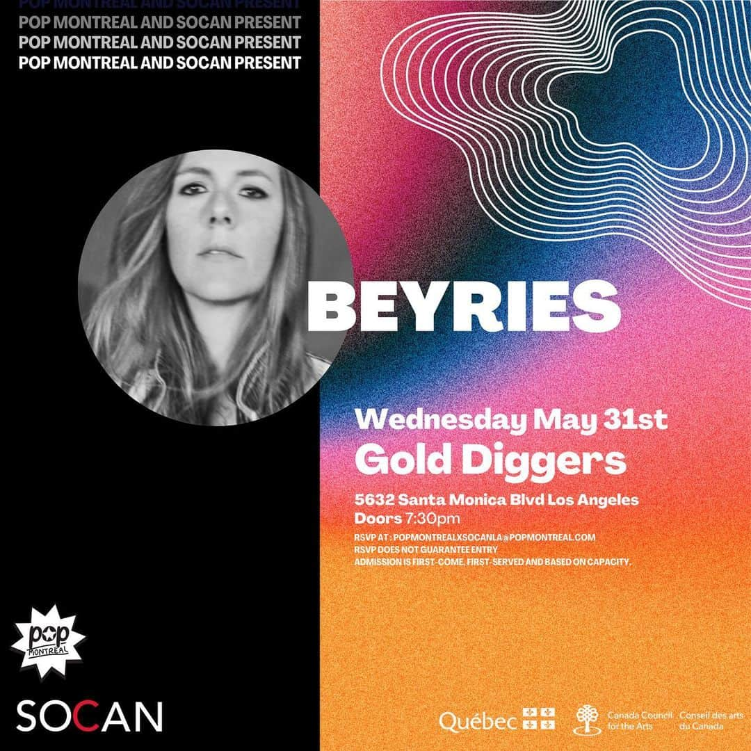 SOCANさんのインスタグラム写真 - (SOCANInstagram)「Our next showcase in LA with @popmontreal features @beyriesmusic at @golddiggersla May 31!」4月20日 3時28分 - socanmusic