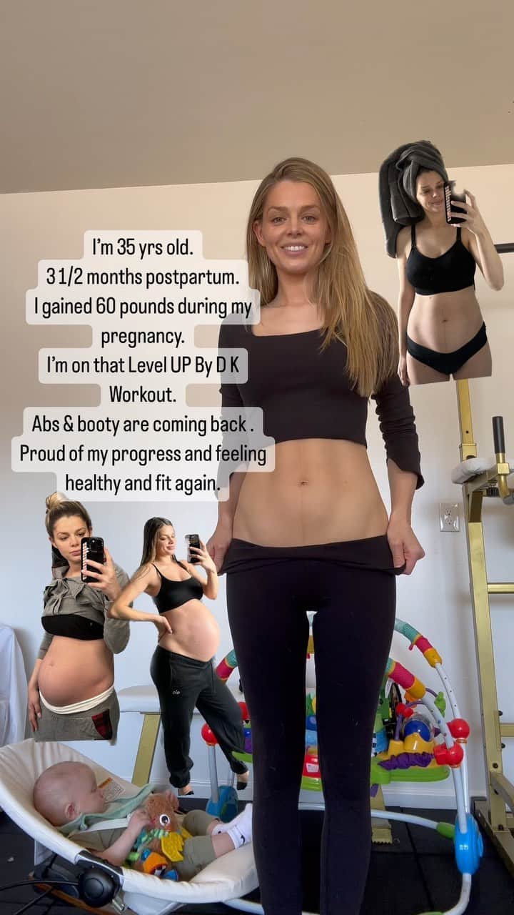 ダニエル・クヌッドソンのインスタグラム：「I’m 35 yrs old, 3 1/2 months postpartum and getting my body back after gaining 60 pounds during my pregnancy. Here’s what I’ve been doing 🫶🏼🙏🏼🤰🏼  🐾going for walks almost every day with my pups  💧drinking a 64oz water bottle every day   🥬eating healthy-ish   🏋🏼‍♀️using @levelupbydk workouts (1-2 times /week after I got clearance from my Dr) will be upping my workouts to 3-4 times next month.   👼🏼every time I hold River I engage my core and my glutes (Trust me these small lil reminders do wonders for your muscles)   💙 I was patient and took my time not pushing or killing myself in the gym all I want is to spend time with my beautiful lil boy. I still have a ways to go till I feel my strongest again, but making progress! #postpartum #postpardumfitness #pregnancy」