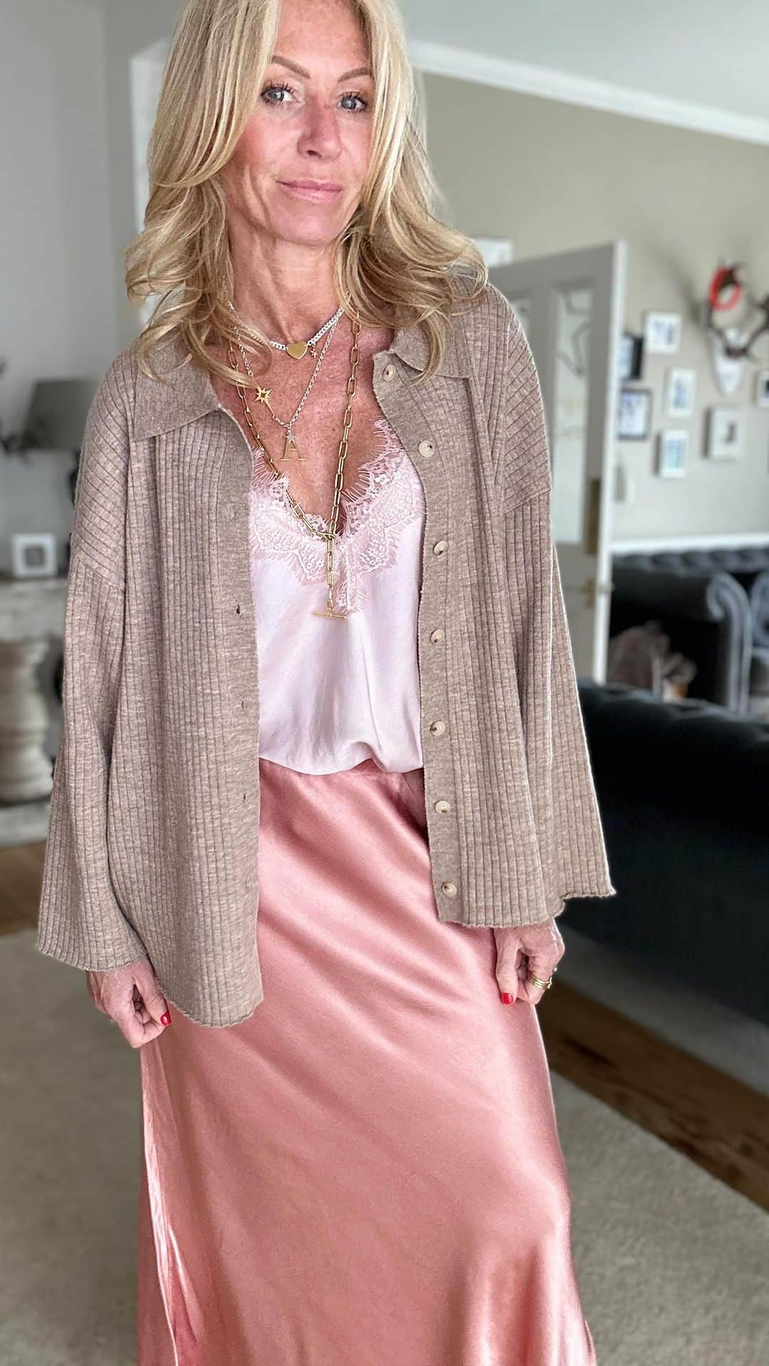 チャーリーのインスタグラム：「A little try on courtesy of @charli_london  💖 I love it all, the gorgeous taupe cardy with baby pink lace cami will be getting so much wear and the green sweater is such a fab colour - perfect for spring and summer! The white dress is super elegant with the knotted waist and 3/4 sleeves - LOVE! Which will you be adding to your @charli_london wish list? 💝 (Gifted items) • • #over40style #tryon #agelessstyle #summerstyle #fashionreels #stylereels #fashionstyle #outfitoftheday #outfitideas #wardrobeessentials #fabover50 #styleinspo #over50style gold jewellery, layered necklaces, chunky bracelet, summer fashion, how to wear, camisole top, summer dress, summer knit, entrepreneur, instagram growth」