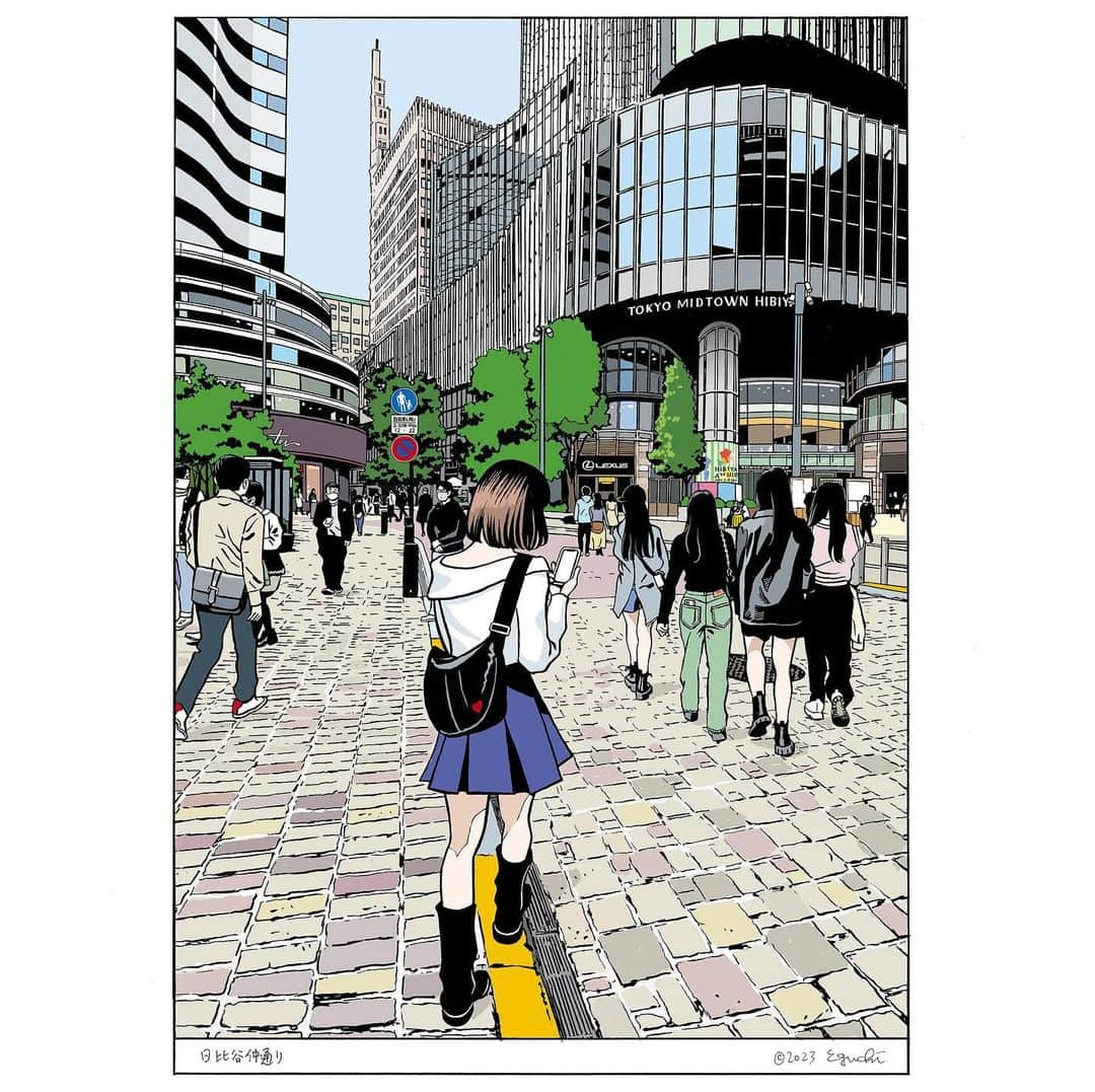 江口寿史のインスタグラム：「New drawings for Tokyo Midtown Hibiya have finally been completed near the end of the exhibition period. It will be open to the public starting tomorrow. Everyone, please come and witness the finale of "Tokyo Kanojo" this weekend.  ミッドタウンに依頼されていた新作描き下ろし、会期終了間際にようやく完成。明日から公開されます。皆さんこの週末は『東京彼女』のフィナーレを見届けに来てください。」