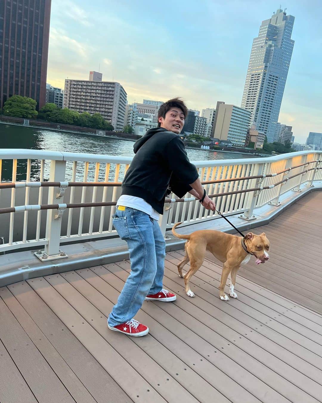 山口祥行のインスタグラム：「スミスに散歩されるケンタw」