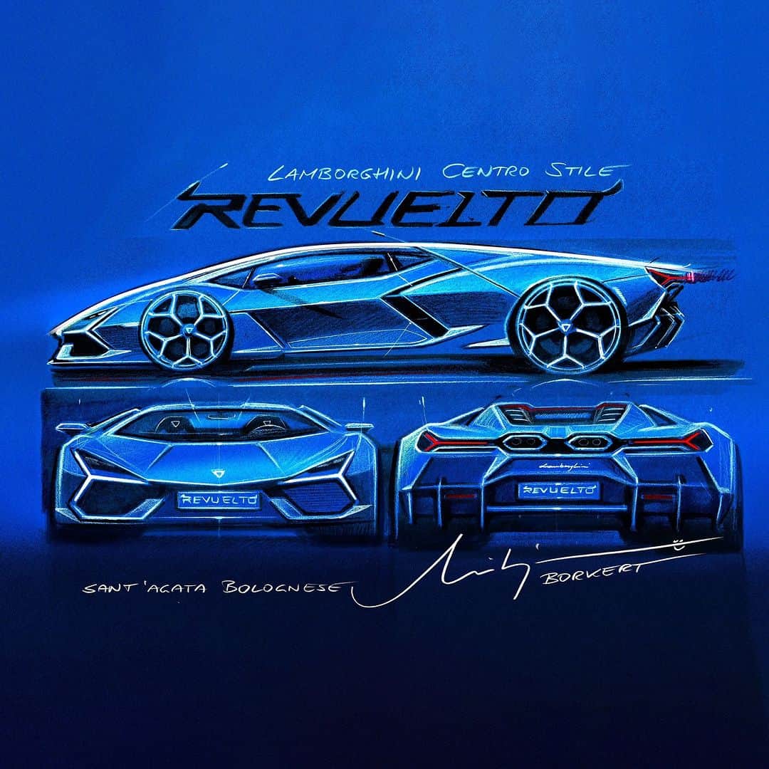 ランボルギーニのインスタグラム：「Leaving a mark on the automotive world.  The exterior design of Lamborghini Revuelto is pure iconic harmony. Stunning work by our Centro Stile Lamborghini.  #Lamborghini #Revuelto #FromNowOn __ The vehicle is not yet offered for sale and is therefore not subject to Directive 1999/94/EC. The fuel consumption and emissions data is in the type approval stage」