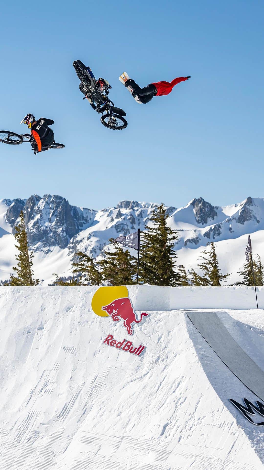 レッドブルのインスタグラム：「when worlds collide 🌎   trust @mammothmountain to bring fire to the ice for #RedBullFathom 🔥🧊   #redbull #givesyouwiiings #redbullsnow #snowboarding #motorsports #bike #bikeskills」