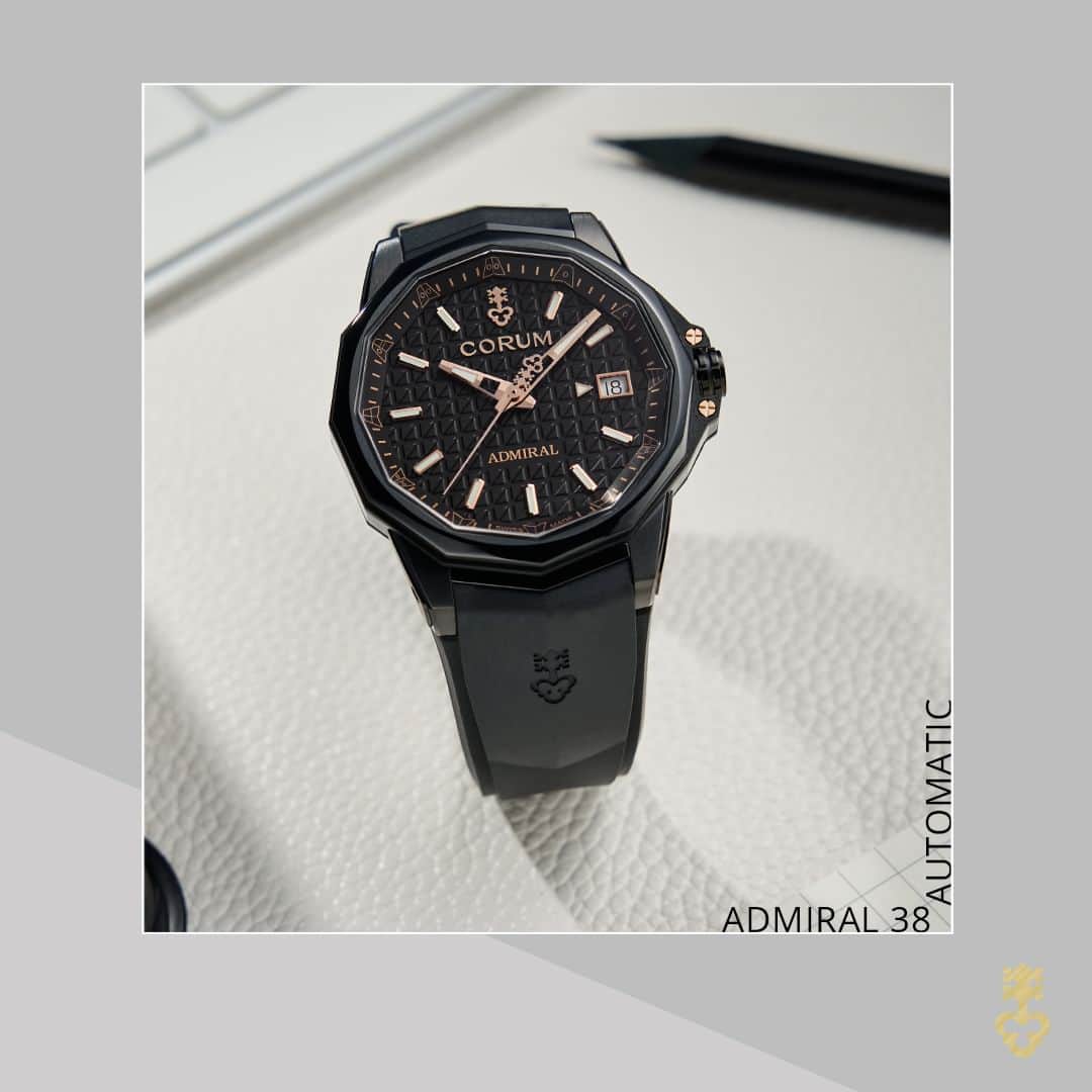 コルムのインスタグラム：「NEW #unisexwatch: #Admiral 38 Automatic full black highlighted with a touch of gold color - Ref. A082/04368 - 082.202.95/F371 AN25 - Discover online: shorturl.at/gsQW1 - #CorumWatches #RiskIsTheReward」