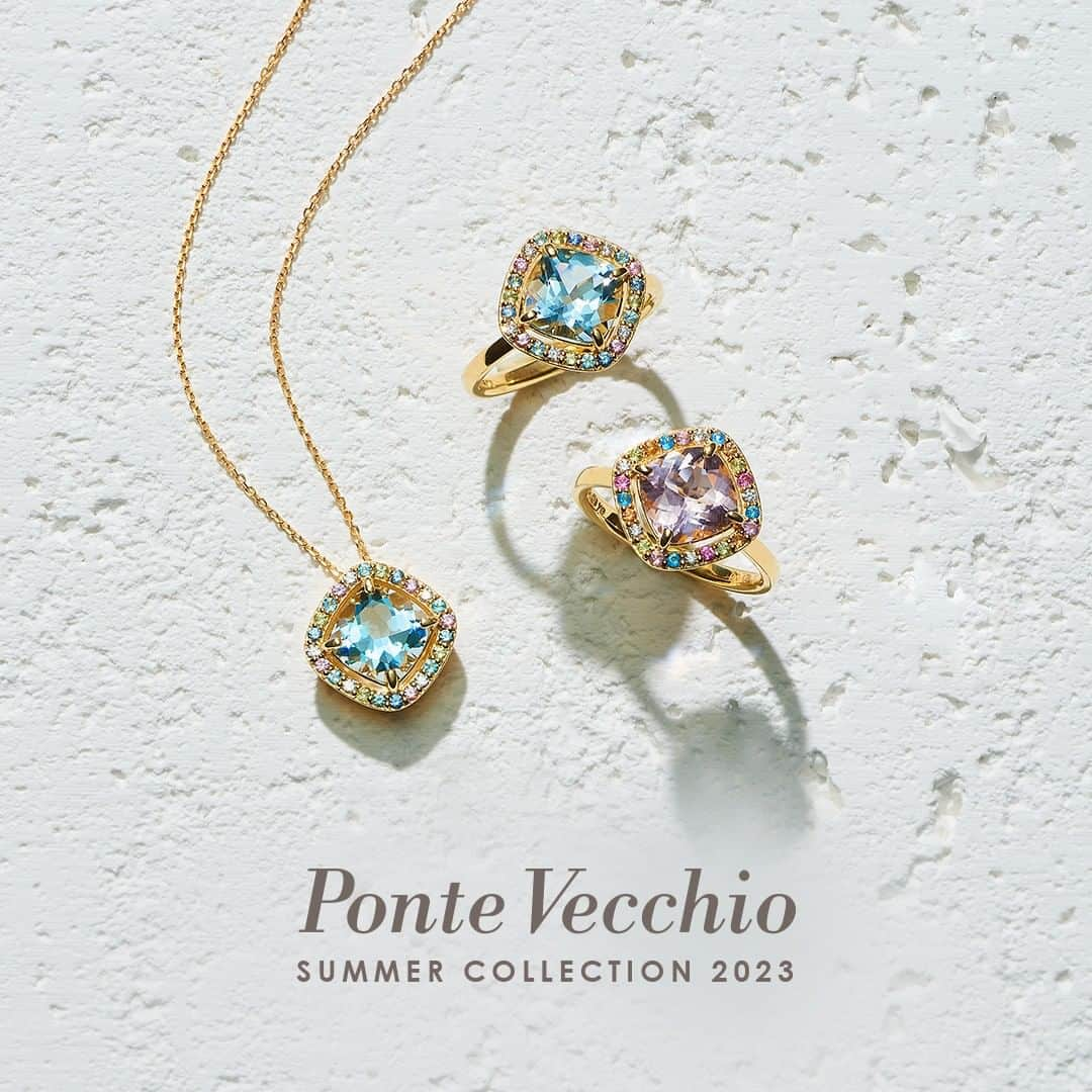 pontevecchioさんのインスタグラム写真 - (pontevecchioInstagram)「． 〈SUMMER COLLECTION 2023〉 オンラインショップ先行発売中 ※5月26日（金）店頭発売予定 ． 旅先で出会う美しい街並みや自然景観など、色とりどりの風景からインスピレーションを受けたジュエリー。 身に着けるだけで気持ちも華やかになる、ラグジュアリーなきらめきが魅力です。 ． 【商品詳細】 写真左より ネックレス ■素材　K18YG アクアマリン/ダイヤモンド/サファイア/ブルートパーズ/ペリドット ■品番　GL2308N002MXYG ■価格　269,500円（税込） ． リング ■素材　K18YG アクアマリン/ダイヤモンド/サファイア/ブルートパーズ/ペリドット ■品番　GL2308R002MXYG ■価格　275,000円（税込） ． リング ■素材　K18YG モルガナイト/ダイヤモンド/サファイア/ブルートパーズ/ペリドット ■品番　GL2308R001MXYG ■価格　264,000円（税込） ． ※ご来店の際は店頭まで在庫状況をお問い合わせくださいませ。 ． #ポンテヴェキオ#pontevecchio#ジュエリー#カラーストーン#カラーストーンジュエリー#アクアマリン#モルガナイト#サファイア#ブルートパーズ#ご褒美ジュエリー#色石ジュエリー#色石#蓓琪奥」4月20日 18時36分 - pontevecchio_jp