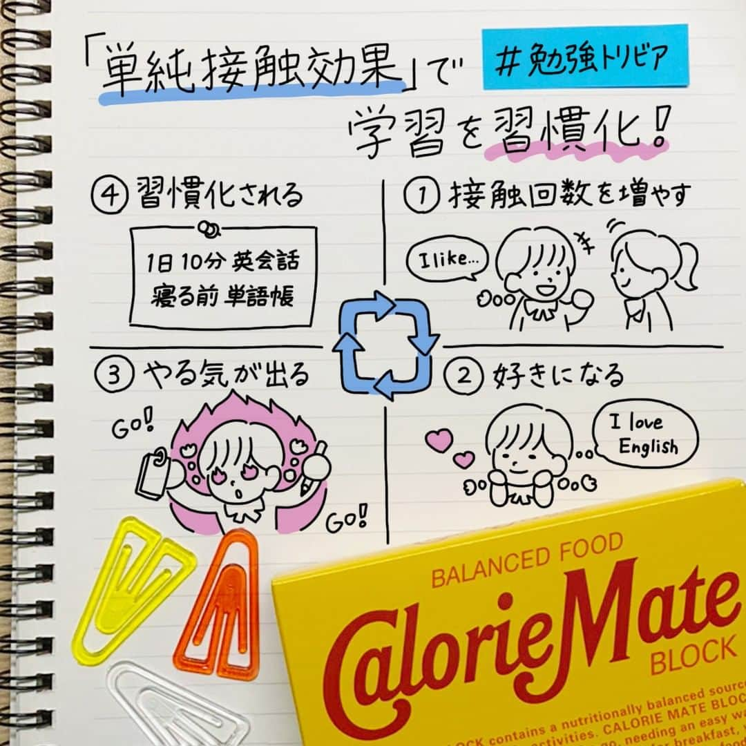 カロリーメイト@勉強垢のインスタグラム：「. #勉強トリビア 「単純接触効果」で学習を習慣化！ By 「脳にまかせる勉強法」著者池田義博氏 . 勉強をがんばるあなたに、こんな勉強法をご紹介！ . 毎日の勉強を習慣化できないという方も多いと思います。 そんな方は、「単純接触効果」を利用してみましょう！ . 「単純接触効果」とは、 何度も接触するものは、好感度や評価が高まっていくという心理学の法則です。 . 毎日できるだけ自分が学習したい対象との接触回数を増やしていきましょう。 例えば、「英語であれば友人と英語で話してみる」 「気軽にできる英単語のアプリをやってみる」など、なんでもかまいません。 そうすることで、「単純接触効果」によって、その学習が好きになっていきます。 . また、何度も繰り返しているため、しだいに処理が容易になり、 気持ちよく学習に取り組むことが可能となっていくのです。 そうすると習慣化されてさらに接触回数が増えていきます。 このような持続的モチベーションサイクルに持っていければ完璧です。 . みなさんもぜひ「単純接触効果」で、 学習を習慣化してみてください！ . #勉強にエールを #見せてやれ底力 #カロリーメイト #バランス栄養食 #勉強垢 #勉強垢さんと繋がりたい #勉強垢さんと仲良くなりたい #勉強垢サンフォロミー #勉強垢はじめました #受験生 #レッツゴーカク #caloriemate #balancedfood  #study #studygram #studyaccount」