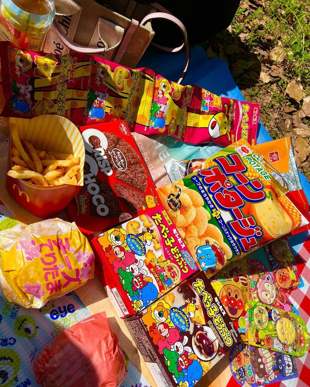 明石ゆいなさんのインスタグラム写真 - (明石ゆいなInstagram)「ピクニック日和🌷  竹下通りでお菓子とマック買って、代々木公園でピクニックしたよ。 同じコースの人沢山いた☺️💕  みんなたべっ子どうぶつ買ってた🤣💕おいしいよね💕  あとチョコクリスプ！これはもう、ほーんとにおいしい。  早くまたてりたま食べたいから一年経たないかなあ☺️🌷  #JKの日常」4月20日 20時58分 - cosmo_meropon