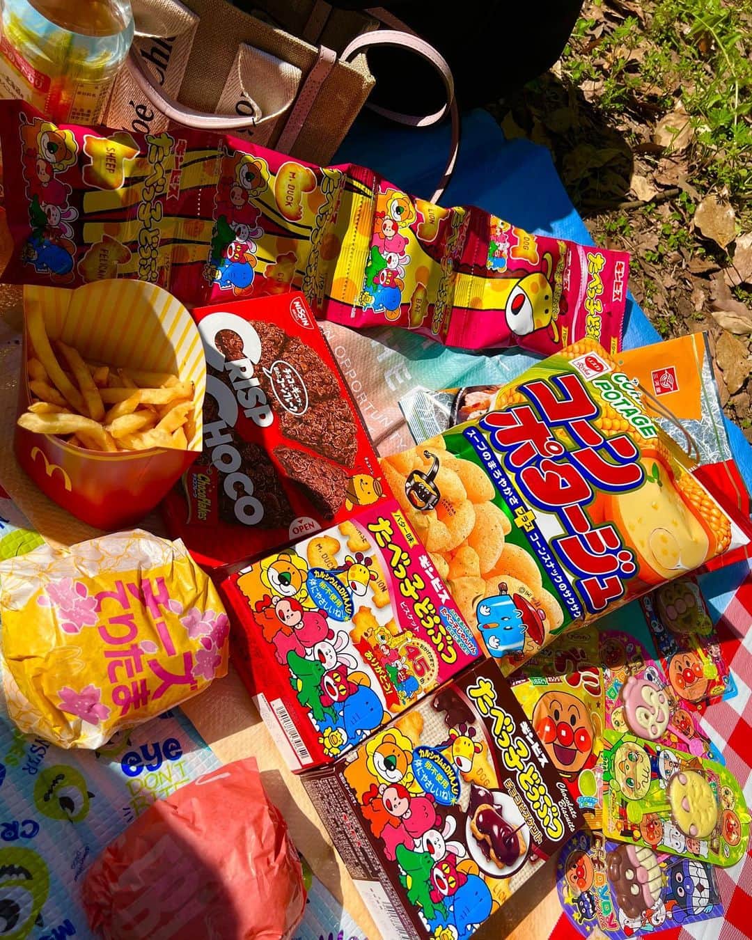 明石ゆいなのインスタグラム：「ピクニック日和🌷  竹下通りでお菓子とマック買って、代々木公園でピクニックしたよ。 同じコースの人沢山いた☺️💕  みんなたべっ子どうぶつ買ってた🤣💕おいしいよね💕  あとチョコクリスプ！これはもう、ほーんとにおいしい。  早くまたてりたま食べたいから一年経たないかなあ☺️🌷  #JKの日常」