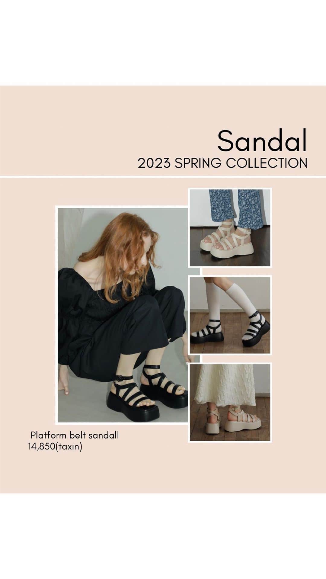 AMAILのインスタグラム：「#newarrivals  Platform belt sandal ￥14,850 color: BEG/BLK size:S/M/L  プラットホームな厚底が履きやすいPlatform laceupup sandalの進化版が登場。 甲幅を従来のサンダルより大きくとり、ソックス合わせもしていただきやすいデザインに。 足首がクロスになっているため足が細く見え効果もあり、固定されるため安定感も〇 底にクッション性があるため、長時間の着用にも疲れづらく仕上げました。  春や秋口までお使いいただけるシアーソックスやラメソックス合わせでの ワンピーススタイルや、パンツ合わせでもヌケ感を演出できるため、 様々なコーディネートにお使いいただけます。  #AMAIL #アマイル #厚底サンダル」
