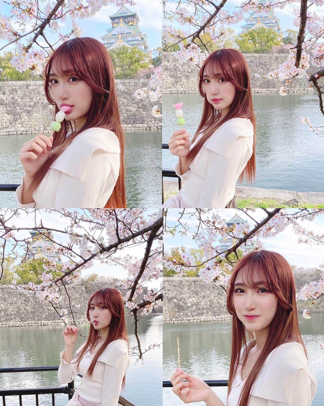 原かれんさんのインスタグラム写真 - (原かれんInstagram)「🌸花より団子🍡 . . 三色団子🍡だいすき 串団子大好き . . もちろん桜も大好きやよ . . . . . .  ☁️168cm / 骨格ストレート . ◻︎Tops.  GRL / ［dr504］ビッグカラーニットトップ 　　　　　　　　　　　　　アイボリー(M) . . . . . . . . #女子力委員長  . #grl購入品 #grlコーデ  #cherryblossom #大阪城 #castle #🏯 #🌸  . . . #原かれん #かれんたん #nmb48 #ぴろぴろ #idol  #ロングヘアアレンジ  #オリ姫 #아이돌　#ootd #오오티디 #팔로우  #좋아요 #01 #일본　#和菓子 #먹방 #春 #大阪観光」4月20日 21時01分 - karen_hara315