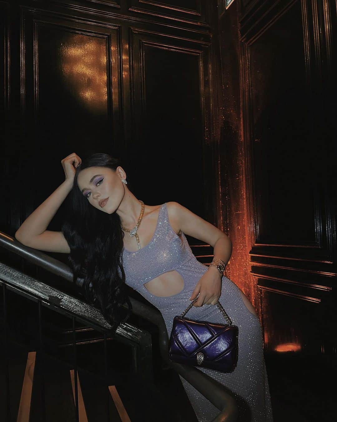 クリスティナ・バザンのインスタグラム：「About last night 🌙💜 A spectacular evening celebrating the 75th Anniversary of @bulgari’s Serpenti Collection. Bulgari’s iconic Serpenti jewels have been some of my absolute favorites ever since I first saw them, the symbol of the snake representing rebirth, the shedding of the old to be reborn into the new continuously. It is such an honor to be working with this timeless house for all these years. Happy Anniversary Bulgari and to all the more magic to come ⚡️ #BulgariSerpenti Big thanks for @ezgicinarofficial for this gorgeous purple rain dress which was the perfect fit for this special evening and @gedebe for best eye candy party shoes 🔮 #Serpenti75 🪐 Shot by the amazing @lucretiamettier」