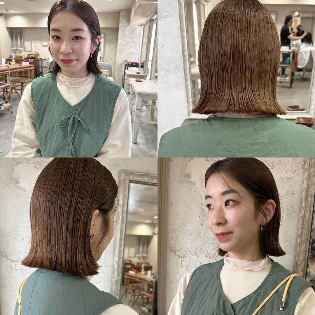 松原加奈恵のインスタグラム：「最後がbeforeです✂️ 雰囲気も気分も変わって気持ちいい〜☺️  現在4.5月のご予約を受付中です🫶🏻  naluhair【 ナルーヘア 】 大阪府大阪市西区北堀江1-3-10 エクセルコート北堀江　202  最寄駅 四ツ橋(5番出口)  〰️〰️〰️〰️〰️〰️〰️〰️〰️〰️〰️〰️〰️  #ボブの沼#大阪ボブ#ミニボブ#外ハネボブ#ベージュ #大阪ボブ#暖色ベージュ#トレンドカラー #ミニマムボブ#大阪ボブ#ぷつっとカット#イメチェン #大阪美容室#心斎橋美容室#堀江美容室#似合わせカット」