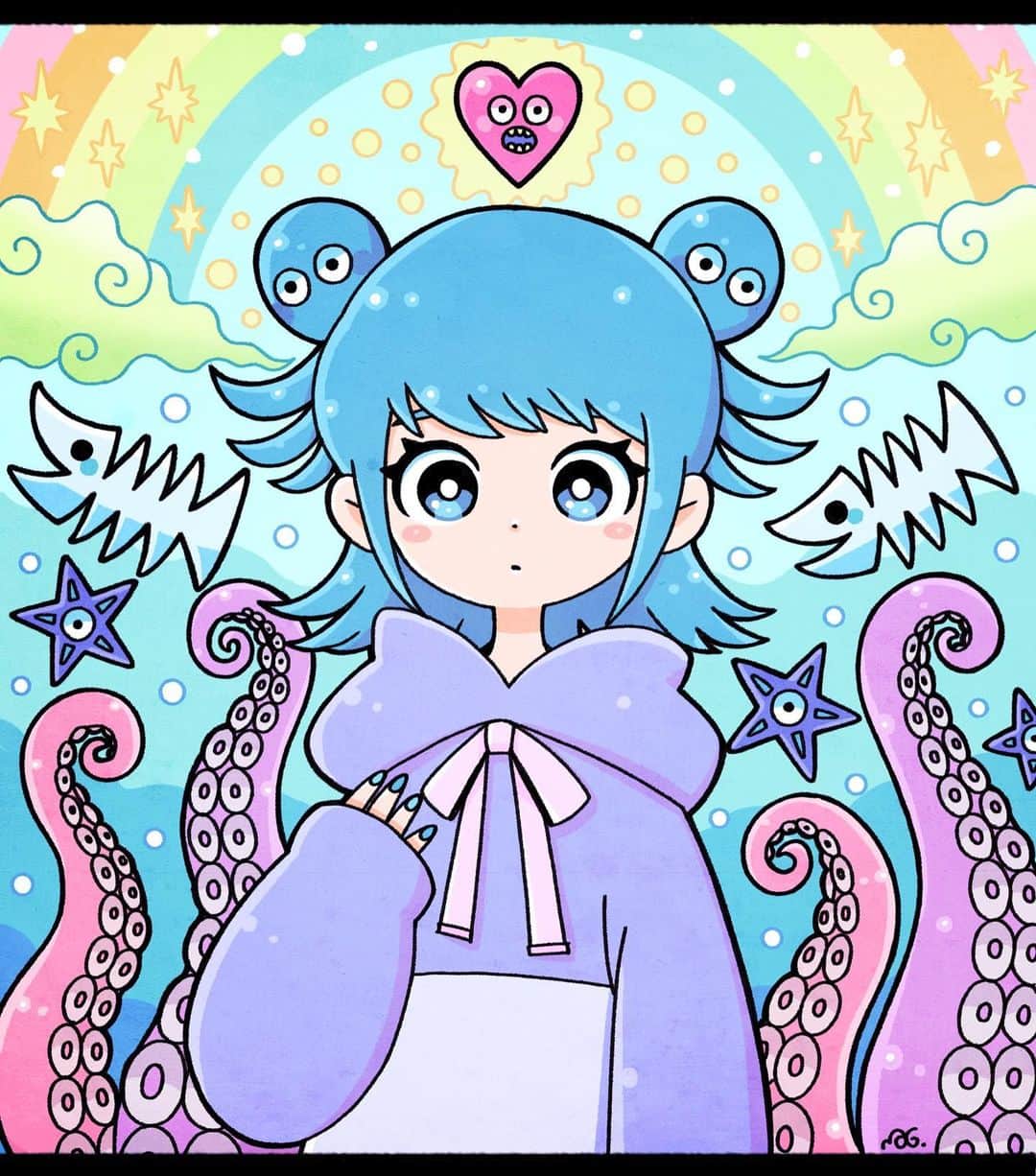 北極まぐのインスタグラム：「タコヘアーちゃん／Octopus Hair Girl🐙💕  #illustration #artwork」