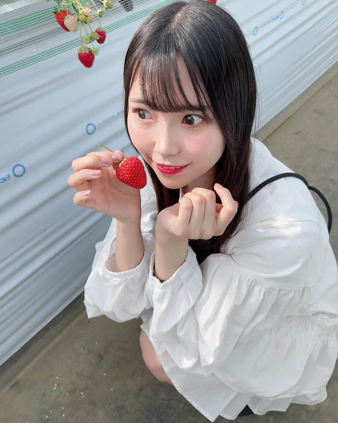 尾上美月のインスタグラム：「いちごちゃん🍓  #ootd #春コーデ #春服 #spring #骨格ストレート #160cmコーデ #コーデ #code #fashion #fyp #instafashion #ootdfashion #beautiful #いちご #いちご狩り #東京 #農園」