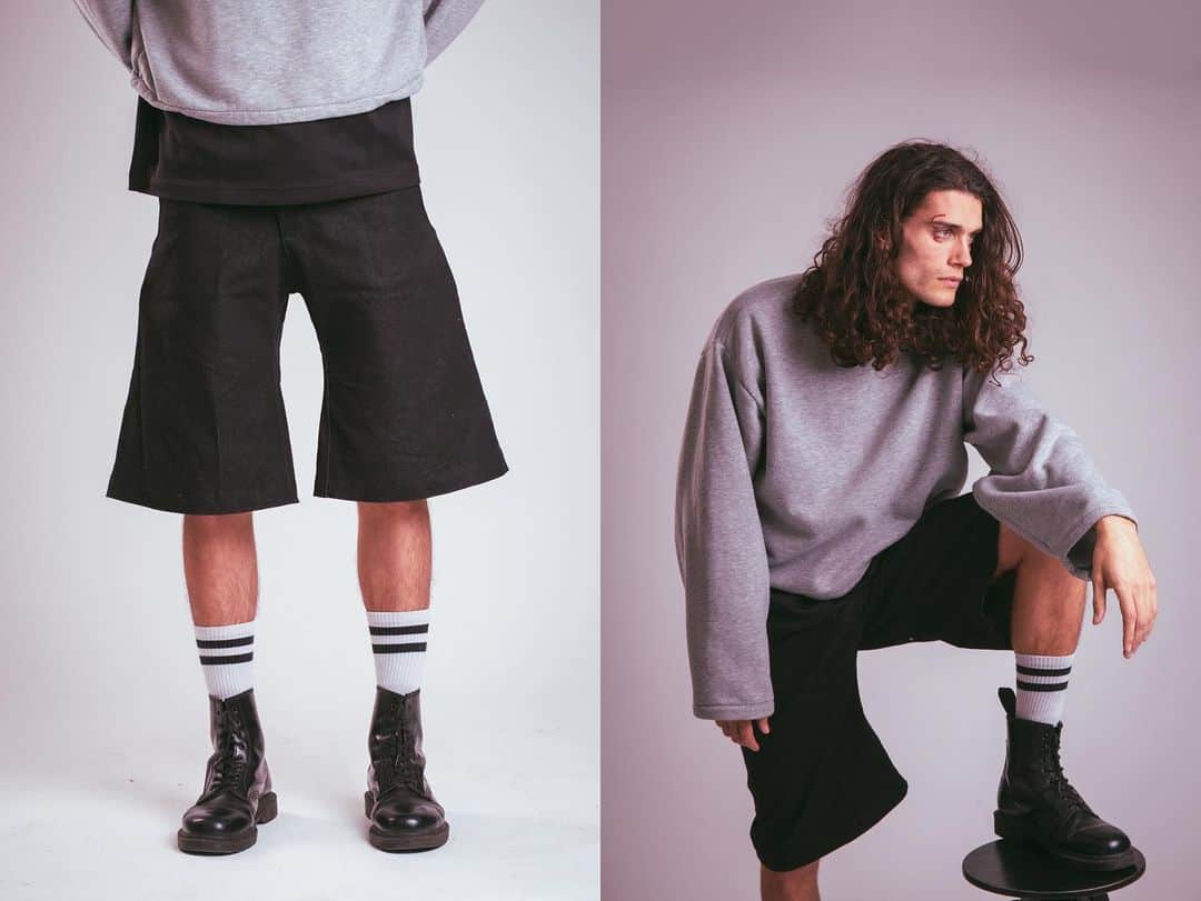 真理子フロレンティーナのインスタグラム：「The Biker Sweater  Grey Sweater With Back Panel Inspired By Cyclists, To Match The Wide Leg Shorts *pocket will be different from shown* -   Price: €55 -  Model: @philipkamper」