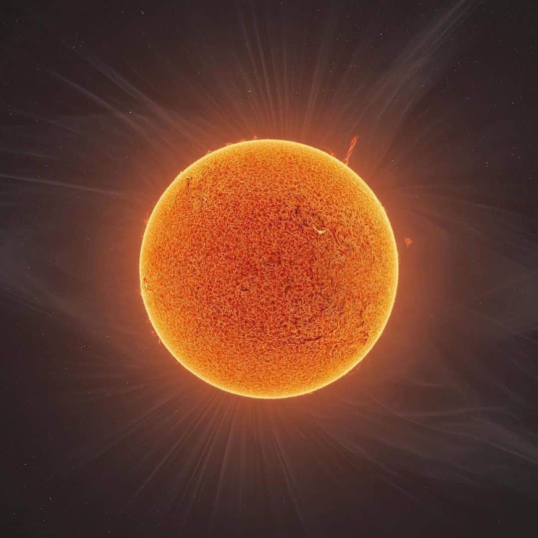Earth Picsさんのインスタグラム写真 - (Earth PicsInstagram)「“On Friday March March 17, 2023, the sun put on a spectacular show, a massive “tornado” of plasma about 14 Earths tall. I took the opportunity to capture around 200,000 photos, about 90k of which were used to create this composite photo. I tapped Jason [Guenzel] to help me process the data, and together we gave it the clearest, sharpest look either of us has ever done for the full disc.  The solar Corona is actually invisible optically against the glare of the sun, so to get a scientifically plausible look at it, we used NASA’s SOHO data as a reference to geometrically transform Jason’s 2017 eclipse photo to match the features. The result is a blend of science and art, and my favorite piece of work I’ve been a part of.” - Andrew McCarthy  📸 @cosmic_background  📸@thevastreaches」4月21日 11時12分 - earthpix