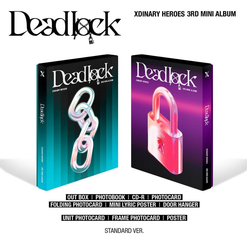 JYPエンターテインメントのインスタグラム：「⠀  Xdinary Heroes  <Deadlock>  Album User Guide & Pre-Order  🔒STANDARD ver.  ALBUM RELEASE🔻 2023.04.26 6PM (KST) 😈 TITLE "Freakin' Bad"  #XdinaryHeroes #엑스디너리히어로즈 #Deadlock #FreakinBad #WE_ARE_ALL_HEROES #JYP」