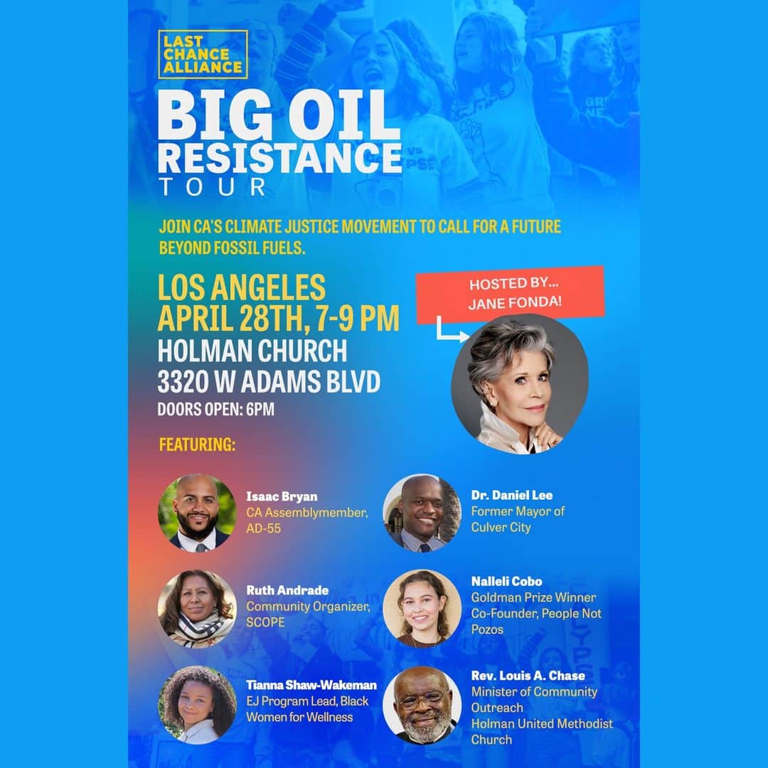 ジェーン・フォンダのインスタグラム：「Los Angeles! Next Friday, Apr 28, I’m thrilled to join @stand_losangeles, @ib2_real, @NalleliCobo & more for to launch the next step in California’s #BigOilResistance.   Powerhouse organizers. Live music. Get your tickets now, and I’ll see you there! https://actionnetwork.org/ticketed_events/big-oil-resistance-tour-la/」
