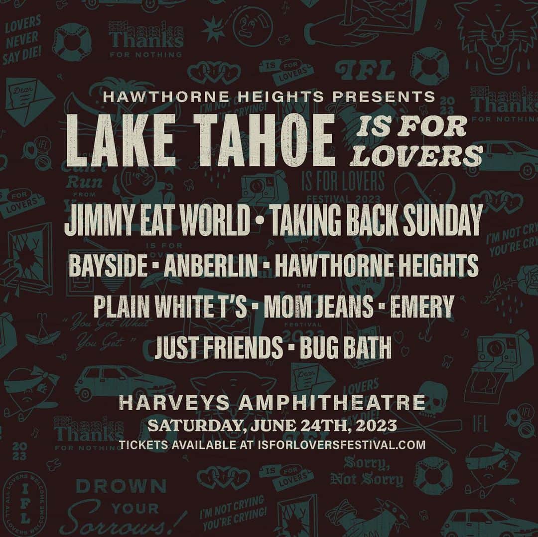 Jimmy Eat Worldのインスタグラム：「Lake Tahoe Is For Lovers Festival announced! We’ll see you Saturday, June 24th at Harvey’s Amphitheater. Tickets are on sale now. Hit the link in bio. @isforloversfestival」