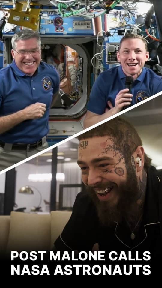 NASAのインスタグラム：「Houston, we have Posty⁣ ⁣ As we approach #EarthDay, watch @PostMalone get astronaut-struck as he chats with two crew members aboard the @ISS, Stephen Bowen and Woody Hoburg.⁣ ⁣ Hear the astronauts talk about their favorite views from the orbiting laboratory, how their unique perspective changed how they see Earth, and what makes our home special. ⁣ ⁣ Video description: The video cuts between timelapse footage of the ISS as it flies over Earth, to Post Malone as he talks with Stephen Bowen and Woody Hoburg, who float in the orbiting laborartory. Posty is wearing a black shirt with white accents, and the astronauts are wearing blue polos and khakis.⁣ ⁣ Editor: Mitch Youts⁣ Producers: Bert Ulrich, Dylan Mathis⁣ Music from Universal Production Music⁣ Credit: NASA⁣ ⁣ #PostMalone #NASA #Space #ISS #Crew6 #Earth」