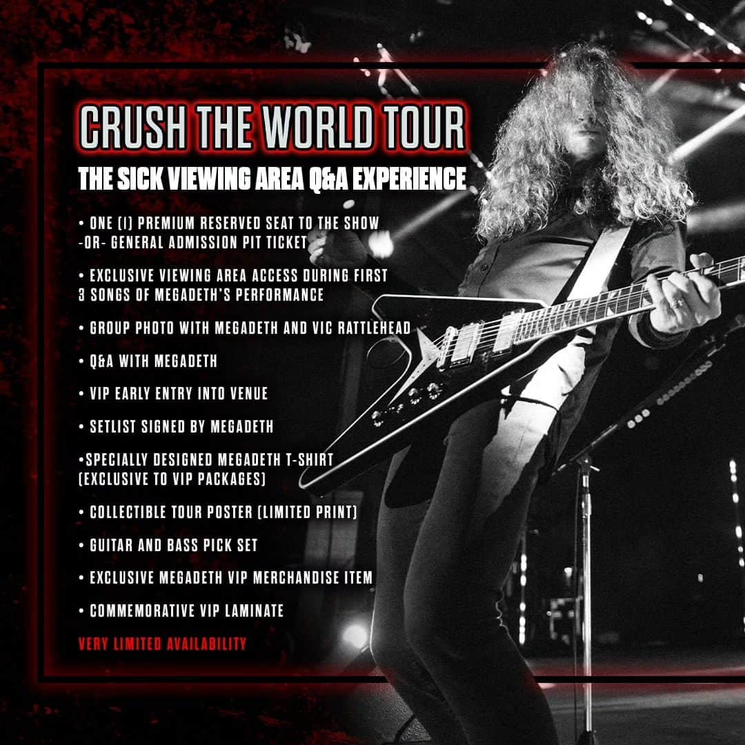 Megadethさんのインスタグラム写真 - (MegadethInstagram)「Limited VIP packages remain! 👊 Head over to megadeth.com/canada now to get all the details on THE SICK packages & more!  Perks include One (1) Premium Reserved Seat to the Show -OR- GA Pit Ticket, Exclusive viewing area access during first 3 songs, group photo and Q&A with the band, take home collectible merch & MORE. Very Limited Availability.  Find your city at the link in our story/bio.」4月21日 5時31分 - megadeth