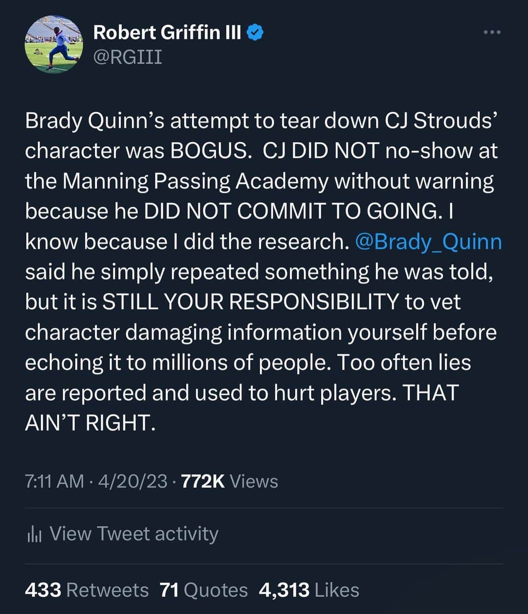 ロバート・グリフィン3世のインスタグラム：「Not cool.   #nfl #nfldraft #football #cjstroud #g3analysis #rgiii #rg3 #journalism #broadcasting」