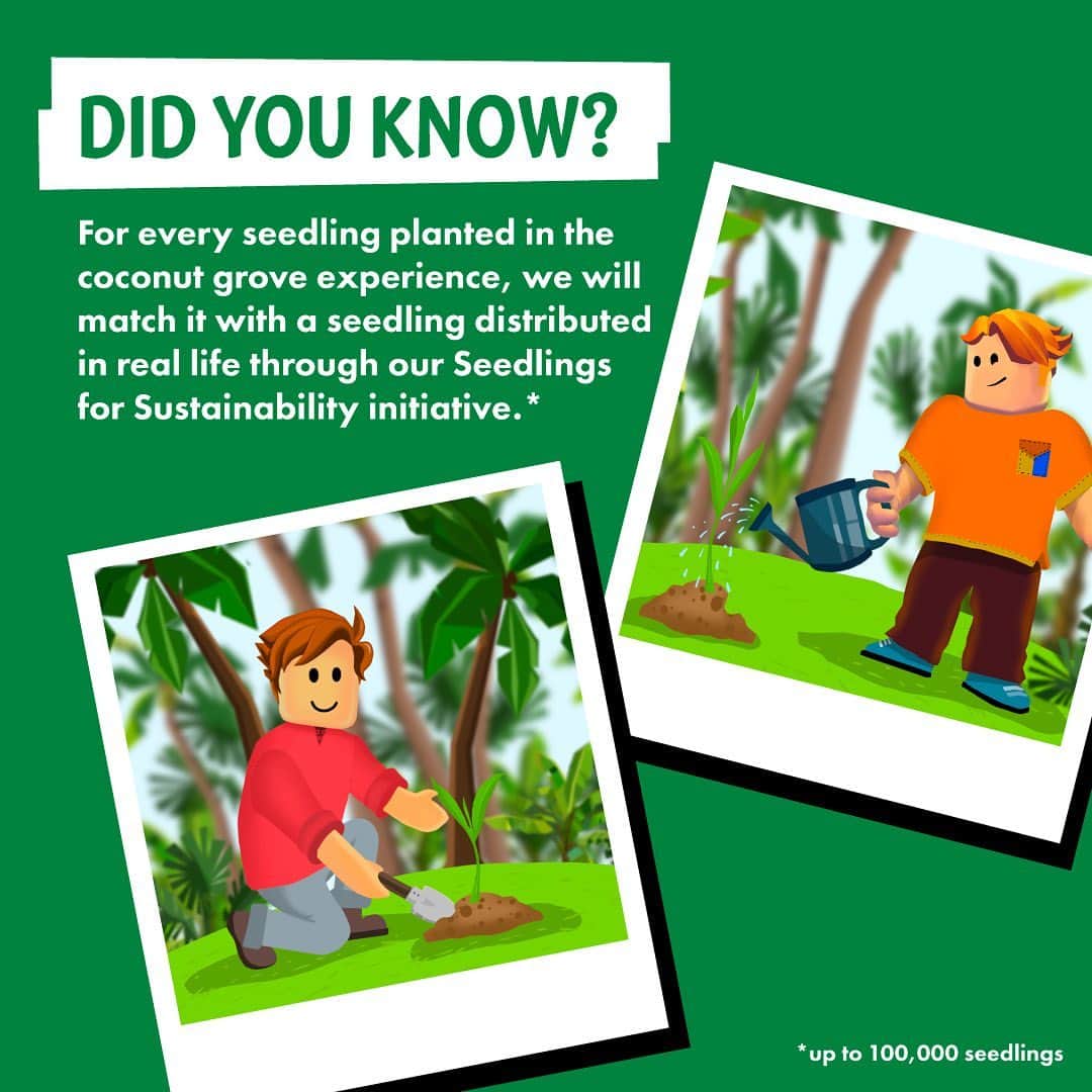Vita Coco Coconut Waterのインスタグラム：「Yesterday, we launched The Coconut Grove to support our Seedlings for Sustainability initiative (you can learn more about that on our website!), but we couldn’t let the day go by without reminding you that we’re going to be matching up to 100,000 seedlings planted in the game in real life. Help us make the world a little greener IRL by heading over to The Coconut Grove on @roblox and planting as many coconut trees as you can. See you (in) there!」