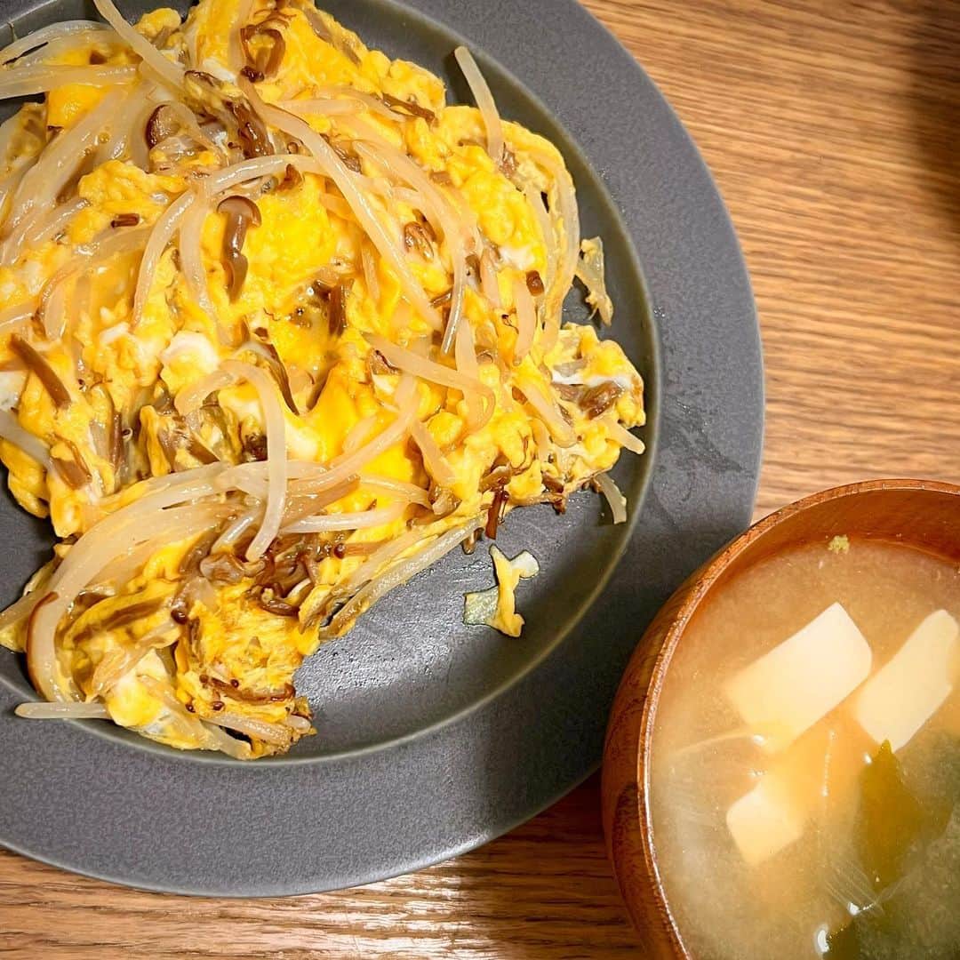 竹井亮介のインスタグラム：「2023年4月21日。 えのきともやしのスクランブルエッグ。 お豆腐とワカメと長ネギのお味噌汁。  サッと作った朝ごはん。 #とっつぁん料理 #竹さんのインスタ黄色多いねんby佐田正樹」
