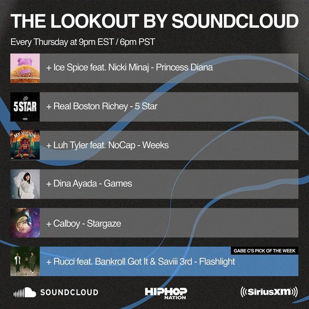 サウンドクラウドさんのインスタグラム写真 - (サウンドクラウドInstagram)「Check out @dinaayada on THE LOOKOUT by SoundCloud tonight on @hiphopnation (Channel 44) at 9PM EST. / 6PM PST.  and tomorrow on FEMCEES exclusively on SoundCloud Radio (Channel 724) on the @siriusxm app. #TheLookout #Femcees #SoundCloud #SoundCloudRadio #SiriusXM」4月21日 7時42分 - soundcloud