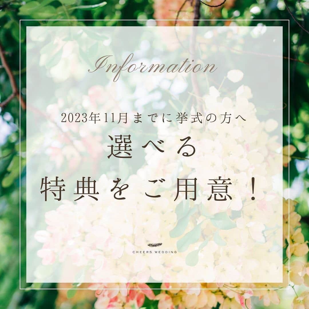 ハワイ挙式のCheersWedding チアーズウェディングのインスタグラム：「. 2023年11月迄にご結婚式のお客様へ オーダーメイドウェディングを叶えるビッグプレゼント！  2023年8月迄のご結婚式なら選べるプレゼント！ 挙式動画撮影ダイジェスト or ビーチフォトツアー1時間 のどちらかをプレゼント！ お好きな方をお選びいただけます♡  2023年9月～11月迄のご結婚式なら 挙式動画撮影ダイジェストをプレゼント！  さあ、ご相談会へ！  ※2023年4月4日以降新規ご相談会にご予約のお客様対象  ************************* 【ハワイ挙式相談会のご案内】 ◎オンライン相談会開催中◎  チアーズウェディングでは、 ご自宅から簡単に参加できる Zoom、LINE、Skypeでの オンライン相談会を実施しております。 . ハワイ挙式をご検討されたばかりの方も、 しっかり準備を進められている方も 是非お気軽にご参加ください☺︎  【ご予約】  HPより、ご希望日時をご予約ください❣️  *********************** 【HP】 https://www.cheerswedding.jp  ☎︎0120-128-828 平日11:00〜19:00／土日祝10:00〜19:00 (水・木曜定休日)  ***********************  ◆ウェディングパーク海外 チアーズウェディングで検索！ https://foreign.weddingpark.net/agentlist/100063/  #cheerswedding  #hawaiiwedding  #チアーズウェディング #ハワイウェディング  #ハワイウェディングプロデュース  #海外ウェディング #リゾートウェディング #ハワイガーデンウェディング  #海外挙式 #ハワイ挙式  #ハワイ婚 #結婚式  #プレ花嫁 #ブライダル #オリジナルウェディング #ウェディングレポート #海外挙式準備  #ハワイ旅行 #ハワイウェディングレポ  #ハワイウェディングフォト  #ハワイフォトウェディング  #ハワイ結婚式  #ハワイ結婚式準備  #ハワイ花嫁  #結婚式写真  #ハワイ教会ウェディング  #ハワイオーダーメイドウェディング」