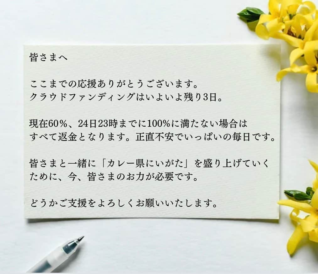 一条もんこさんのインスタグラム写真 - (一条もんこInstagram)「【あと3日】  クラウドファンディングの挑戦も残すところあと3日となりました。ここまでのご支援、応援に心から感謝申し上げます。  皆さまからの温かい応援の言葉にも励まされ、なんとかここまで来ることができましたが、 All or Nothing、300万円に満たなければ全て返金、ギリギリの闘いが続いています。  これまでたくさんの方に本プロジェクトのことをお伝えさせていただき、応援します!と温かいお気持ちをお寄 せくださった方もいらっしゃれば、そうではない反応をいただいたこともゼロではありませんでした。　 それでも、これまで私が活動してきたことを「カレー県にいがた実行委員会」としてさらに多くの方に関わって いただきながら盛り上げていくために、日々発信を続けてきましたが、まだ目標金額には及ばず不安が続いています。  これまでこのようないわゆる「ポジティブ」ではないような気持ちを皆さんの前で吐露したことはほとんどありま せん。意識して吐露しないようにしてきました。  だからこの記事を投稿するのも正直不安です。 しかし今回の挑戦は私だけの挑戦ではなくなっています。100名近くの皆さまの想いが詰まったプロジェクトになっています。  <ご支援者様からお寄せいただいたコメント>   ・新潟の豊かな食材を引きたてるカレールーの製作、を期待しています！  ・おいしいカレーで人々がしあわせを感じるとともに新潟県の活性化につながるプロジェクトの成立に期待しています！  皆さまのお気持ちを無駄にしないためにも、4月24日(月)23時、最後の最後までできうる限りの手を尽くして 発信していきます。  今、皆さまのひと押しが必要です。 皆さまと一緒にカレールウの開発を進め「カレー県にいがた」を全国へ、さらには新潟だけでなく、日本各地の地域が盛り上がるように、どうかご支援をよろしくお願いいたします。 #READYFOR#クラウドファンディング#カレー県にいがたを盛り上げたい#町おこし#新潟カレールウを作りたい#カレー#curry#カレー県にいがた実行委員会#一条もんこ」4月21日 19時32分 - monko1215