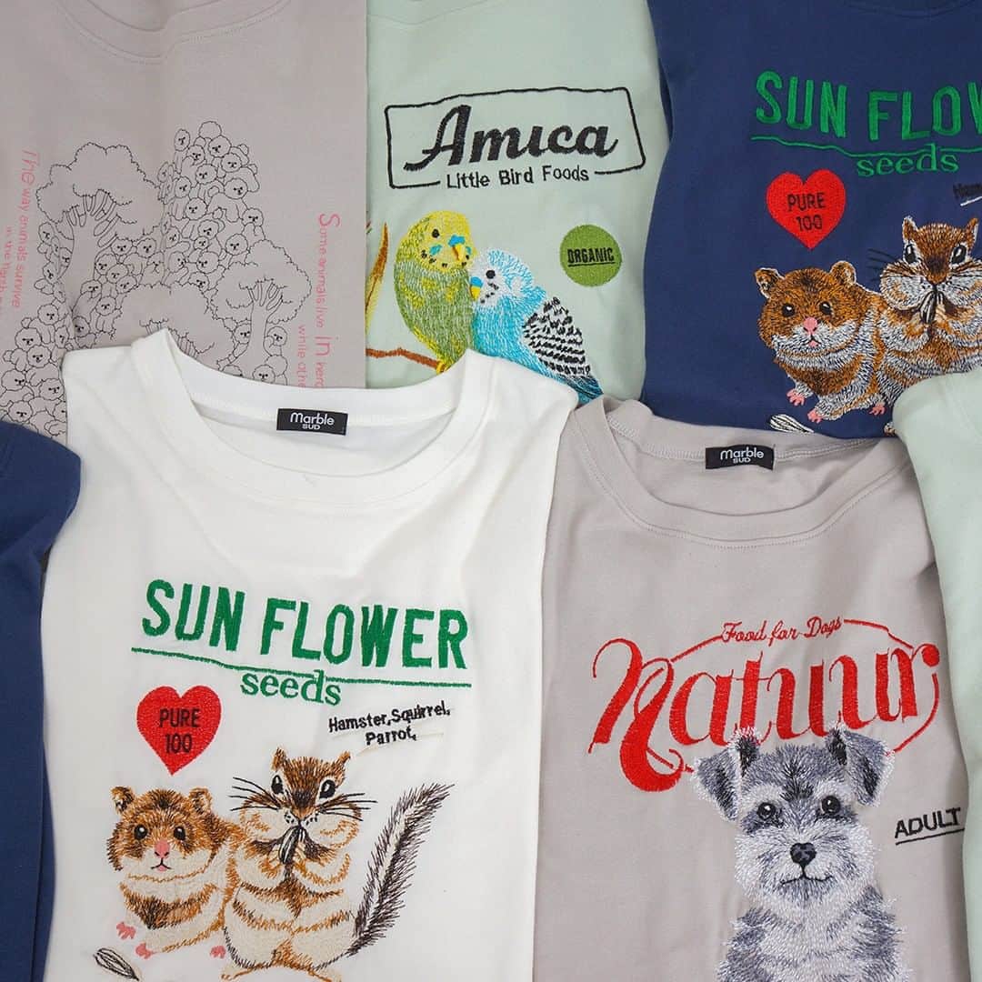 marbleSUD(マーブルシュッド) のインスタグラム：「一足早く、盛夏コレクション🌞のTシャツがどどーんと入荷しました🐿🥜 刺繍アイテムからプリントものまで、種類豊富に揃っています✨」