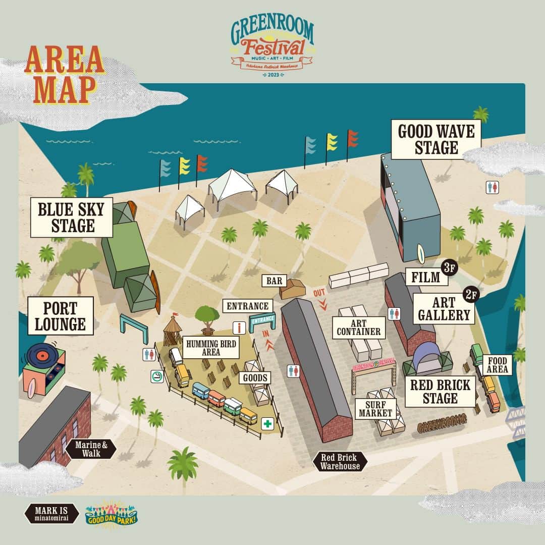 のインスタグラム：「GREENROOM FESTIVAL'23 🌴エリアマップ公開🌴  「Good Wave」「Blue Sky」「Red Brick 」「PORT LOUNGE」の4ステージ、他にも「ART CONTAINER」「SURF MARKET」「ART GALLERY」「FILM」「FOOD AREA」などサーフカルチャーを存分に楽しめるエリアが充実🔥  詳しくはこちらから 🔗https://greenroom.jp/map/  GREENROOM FESTIVAL’23 横浜赤レンガ倉庫 2023年5月27日(土)・28日(日) https://greenroom.jp #greenroomfestival」