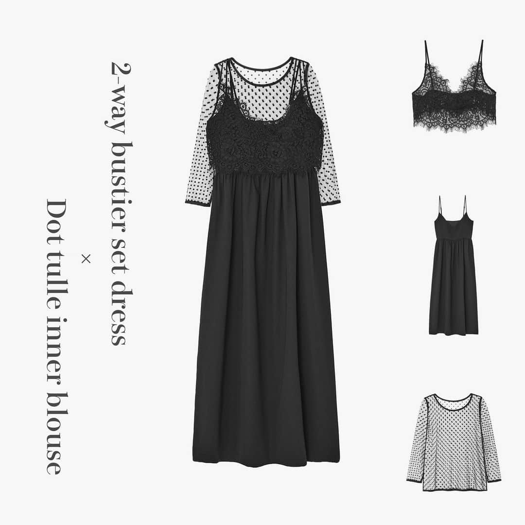 のインスタグラム：「- long selling items -  ▪︎ 2-way bustier set dress color : black size : FREE  ▪︎ Dot tulle inner blouse color : small dot / big dot size : FREE  どちらもkaeneロングセラーアイテム。 レースビスチェ付きのキャミソールワンピースと、ドットフロッキーのチュールブラウス・.・.・  普段使いにも着回しができると 長い間ご好評いただいている商品です。  #kaene #occasiondress  #ゲストドレス  #オケージョンドレス  #結婚式コーデ  #お呼ばれドレス」