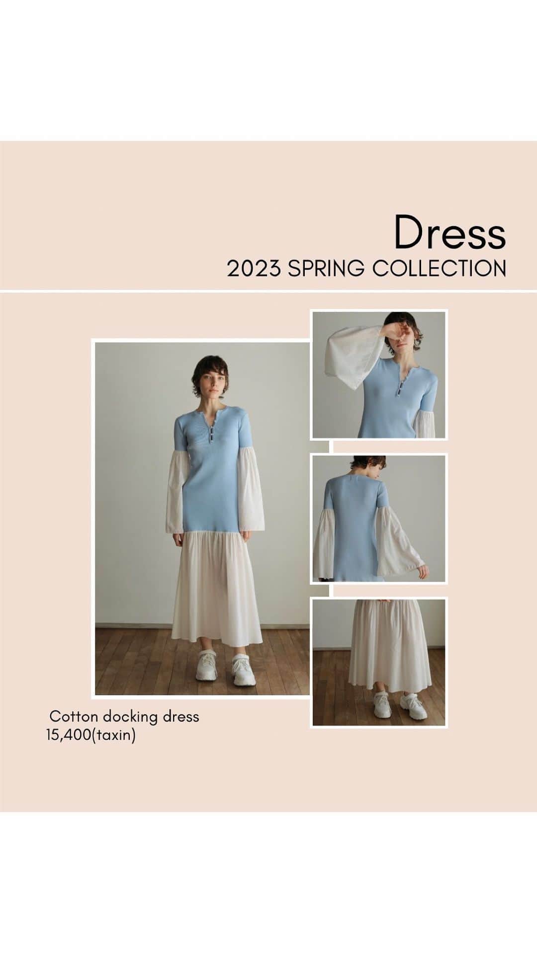 AMAILのインスタグラム：「#newarrivals Cotton docking dress ¥13,200- color: BLK/BLU size: FREE  コットンシャツとニットが ドッキングしたワンピース。 気になる二の腕やお尻周りを境に コットン生地に切り替えたことで、 体のラインを美しく見せながらも シルエットにメリハリをつけ 華奢見え効果を発揮します。 透け感のある生地で程よい肌見せが叶い、 動くたびふわりと揺れる裾が上品な 女性らしさ溢れる一着です。  一枚でスタイリングが完成するワンピースは 小物あわせで印象チェンジがおすすめです。  #AMAIL #アマイル #ワンピース」
