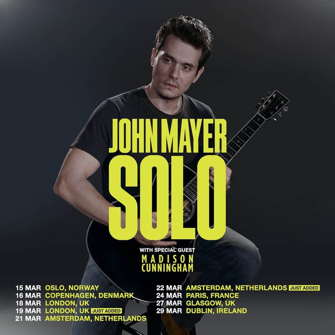のインスタグラム：「Europe and UK Solo Tour tickets are on sale now! Due to outsized demand, we’ve added additional dates in London and Amsterdam. I can’t wait to see your faces, and to listen to @madicunningham perform every night.   Click the link in bio or head to www.johnmayer.com for more.」