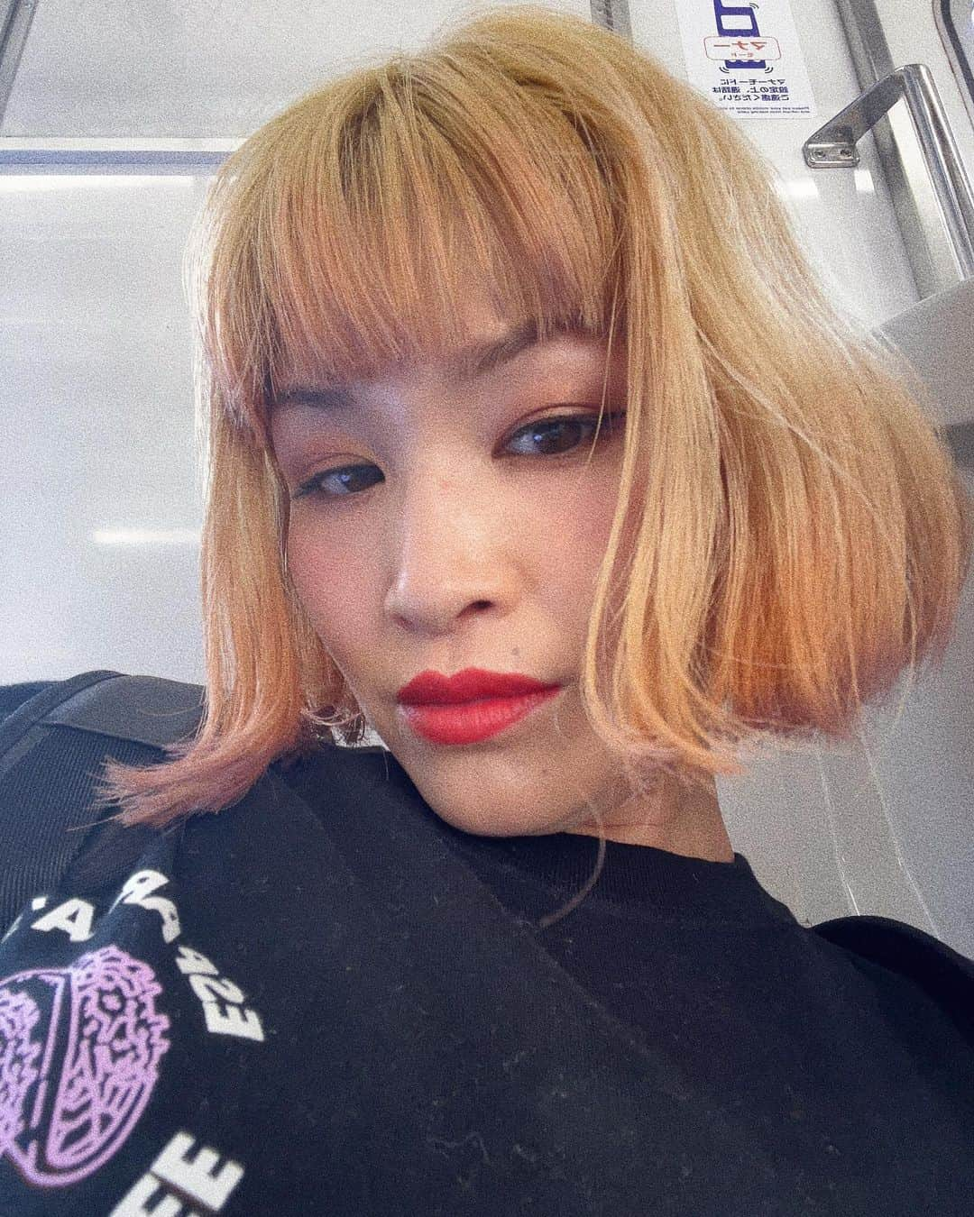 HARUKA MUTOのインスタグラム：「I got new color🍋🍊🍇  Thanks @lovelockhair .  久々のオン眉。 モードな感じにも出来るけどくせ毛活かしてバサバサとグランジヘアが好き🧏🏼‍♀️  この日の服とカラーがマッチし過ぎてびっくりやん！🍊🍏🍌  #hair #haircolor  #ヘアカラー #ハイトーンカラー  #デザインカラー #ミニボブ  #グランジヘア」