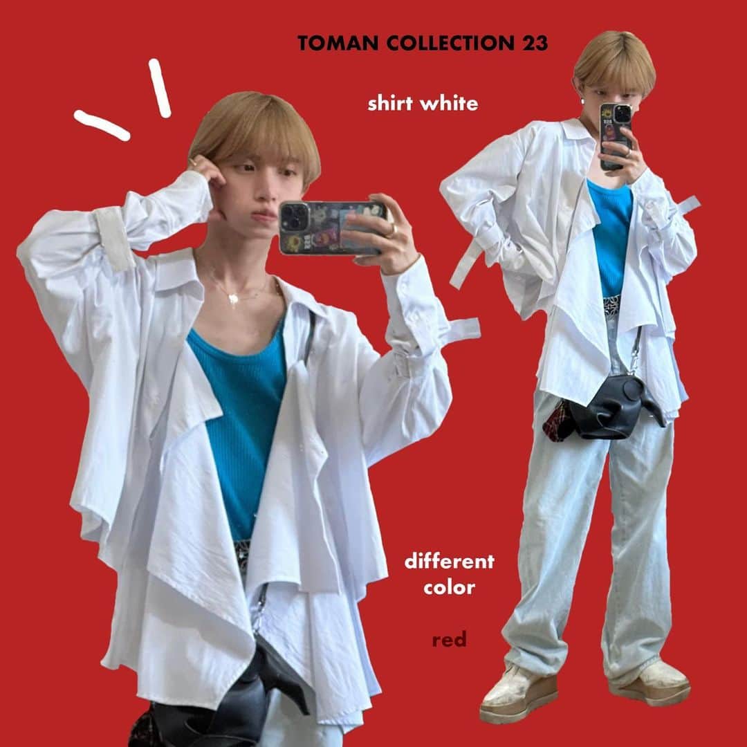 のインスタグラム：「TOMAN COLLECTION shirt (white) style👕👖👟  最近は後ろのひらひらを全て外して フロントのボタンと合体させた 前下がりシルエットにハマっています＾＾  size : M_Ｌ / n red / ¥8,000＋tax  〰️〰️〰️〰️〰️  ご購入はハイライトのリンクから飛ぶか ZOZOTOWNで「とまん」と検索ください🔍」