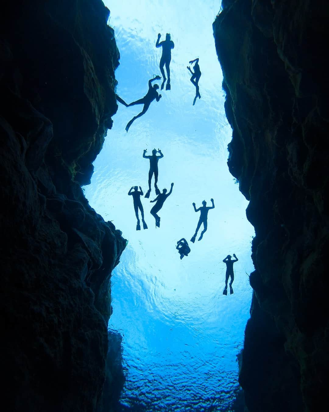 goproさんのインスタグラム写真 - (goproInstagram)「Photo of the Day: Bottom feeder's POV 👀 @lorenzo_giugleur's squad rolls deep.  #FunFact: Iceland is the only place in the world where you can dive or snorkel directly in a crack between two tectonic plates. This gap opened up in 1789 after a large earthquake created the fissure.  #GoPro #Diving #FreeDiving #Silhouette #Iceland」4月22日 5時15分 - gopro