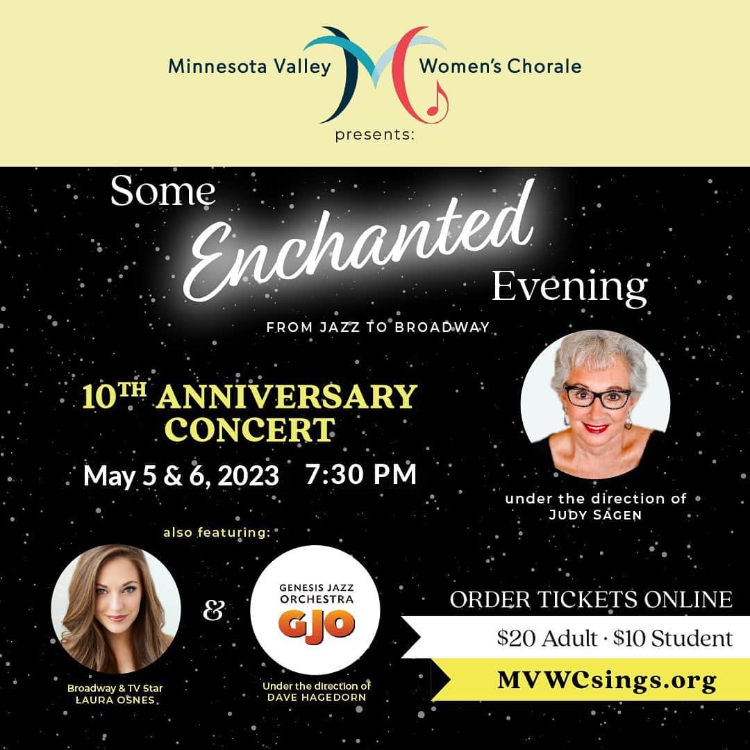 ローラ・オスのインスタグラム：「TWO WEEKS FROM TONIGHT! I’m coming home to Minnesota to perform with @mvwcsings, the Genesis Jazz Orchestra and my childhood music director & lifelong friend, the legendary @sagen_judy. We will be performing all your favorite standards and stage tunes, in an *enchanted* evening you won’t want to miss. Link in bio for tickets. 🎤🎼🎶」