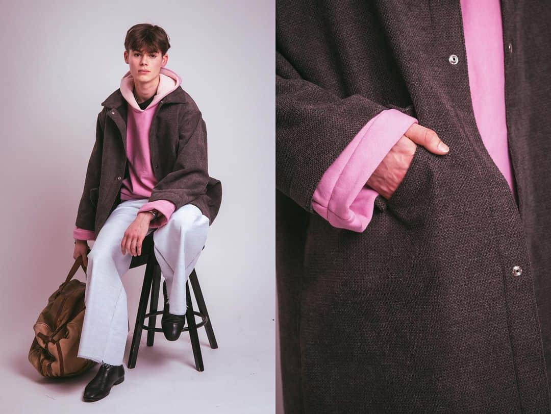 真理子フロレンティーナのインスタグラム：「The Brown Coat And RawHem Flare Pants  A Long Brown Coat To Fit Over A Simple  Pink Hoodie -  Model: @ph.lip」