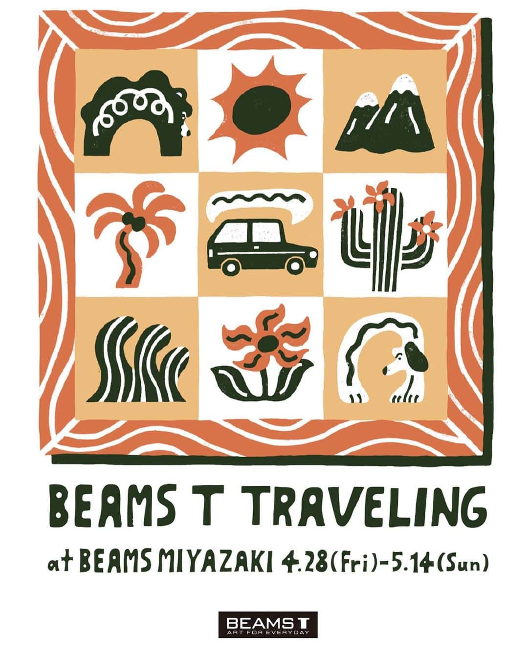 BEAMS Tのインスタグラム：「BEAMS T TRAVELING   〈BEAMS T〉が同レーベルの展開外店舗を巡回し、日本各地に旬なトピックを持ち込む『BEAMS T TRAVELING』を今年も開催します。 今年は第一弾として4月28日（金）より「ビームス 宮崎」で開催。その後、名古屋・京都・長崎を巡回します。開催期間中は普段展開していないアイテムをご覧頂けるのに加え、様々なトピックスアイテムをご用意しております。 『BEAMS T TRAVELING』のイベントビジュアルは、書籍・アパレル・広告などにイラストを提供しペインティングのみならず、セラミックやウッドカットなどさまざまな手法で作品を発表しているイラストレーター、オカタオカ氏が担当。 イベントビジュアルを落とし込んだ限定Tシャツを今回も製作し、「BEAMS公式オンラインショップ」およびイベント開催店舗にて限定販売いたします。 〈BEAMS T〉ならではのキュレーションを是非お楽しみください。  開催店舗・日時 ビームス 宮崎：4月28日（金）～5月14日（日） ビームス 名古屋：6月2日（金）～6月18日（日） ビームス 京都：7月7日（金）～7月23日（日） ビームス 長崎：8月10日（木）～8月27日（日）  @beams_official @beams_t @okataoka @beams_miyazaki @beams_nagoya @beams_kyoto @beams_nagasaki #beams #beamst #beamsttraveling #オカタオカ」