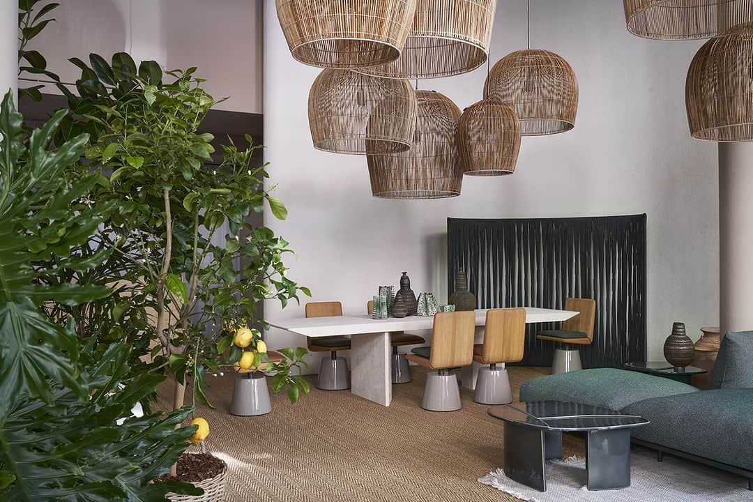 Baxterのインスタグラム：「Forest green, olive green, ivory, air force blue, iroko wood: at the Baxter Outdoor Gallery, there is the whole palette of an oasis between the Mediterranean and the Equator. The 2023 restyling retains the atmosphere of a secret garden, embellished with plant compositions and artefacts from around the world, while leaving plenty of room for new compositions and finishes ✨  Discover Baxter Outdoor Gallery at via Filippo Turati 2, Milan  Ph. @fabriziocicconi_ph  #baxtermadeinitaly #baxtercinema #leather #design #interiordesign #madeinitaly #milan #italy #luxury #interior #milanodesignweek2023 #outdoor」