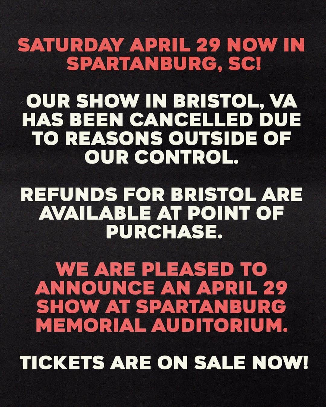 ビリー・アイドルさんのインスタグラム写真 - (ビリー・アイドルInstagram)「Saturday April 29 now in Spartanburg, SC! - Our show in Bristol, VA has been cancelled due to reasons outside of our control. Refunds for Bristol are available at point of purchase.  - We are pleased to announce an April 29 show at Spartanburg Memorial Auditorium. Tickets are on sale now! (Use link in bio and select TOUR DATES.)」4月21日 22時57分 - billyidol
